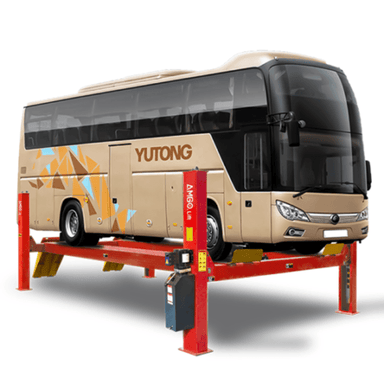 AMGO PRO-40E 4 post lift raising a large Yutong bus for maintenance