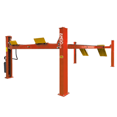 AMGO PRO-40 40,000 lb four post service lift with red columns, adjustable platforms, and yellow approach ramps