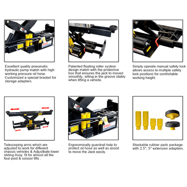 AMGO RJ-10A rolling jack features – pneumatic pump, safety locks, telescoping arms, and adapters