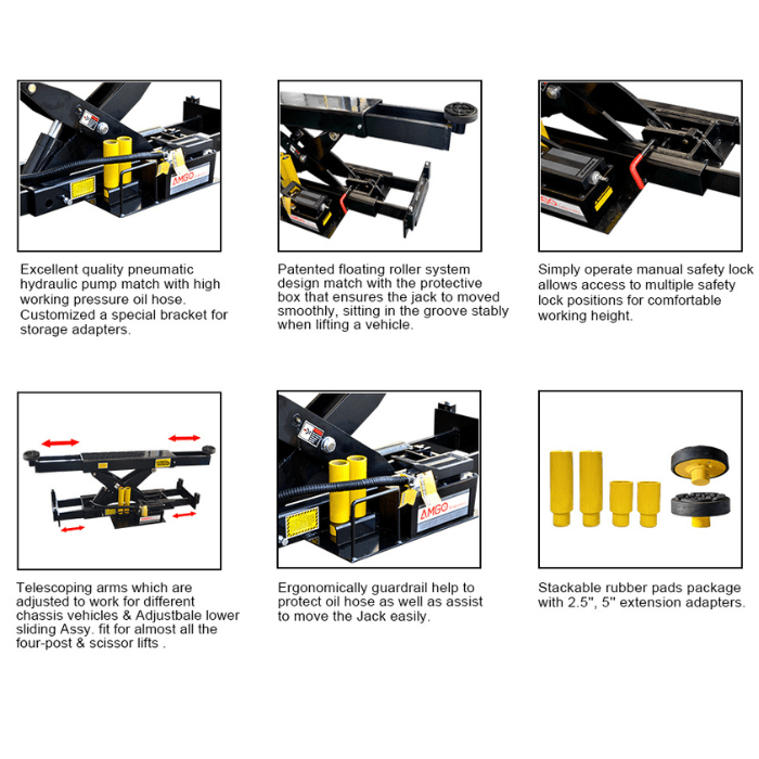 AMGO RJ-10A rolling jack features – pneumatic pump, safety locks, telescoping arms, and adapters