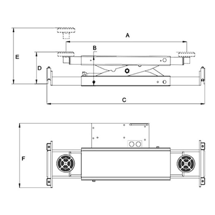 AMGO RJ-6H rolling jack technical diagram showing side and top view dimensions