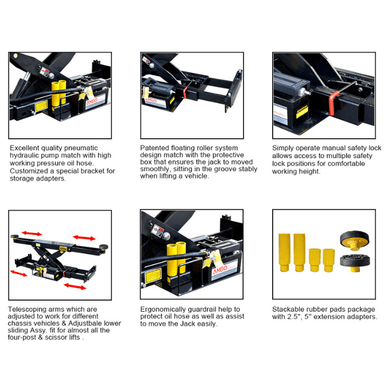AMGO RJ-8A rolling jack features including pneumatic pump, floating roller system, and telescoping arms