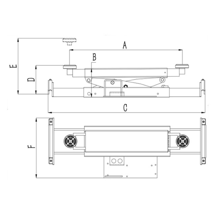 AMGO RJ-8A rolling jack technical diagram with labeled dimensions