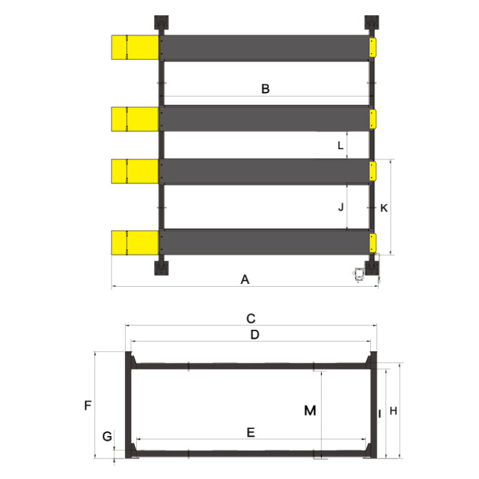 AMGO double wide 4-post lift extra longtall technical dimensions diagram