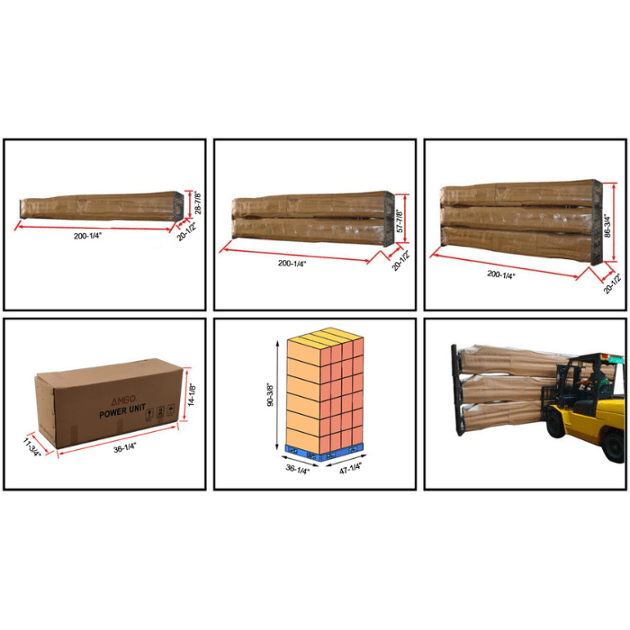 AMGO double wide 4-post lift packaged dimensions and palletized shipping layout