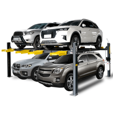 AMGO double wide 4-post lift storing four SUVs in extra longtall configuration