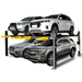 AMGO double wide 4-post lift storing four SUVs in extra longtall configuration