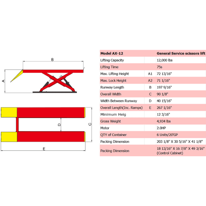 AX-12 spec drawing with dimensions and runway lengths