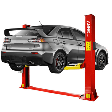 A sedan lifted on the BP-9 two post lift by AMGO for auto repair work