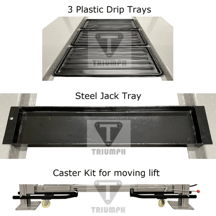 Accessories for the Triumph NSS-8XLT Four-Post Vehicle Lift, including plastic drip trays, a steel jack tray, and a caster kit.