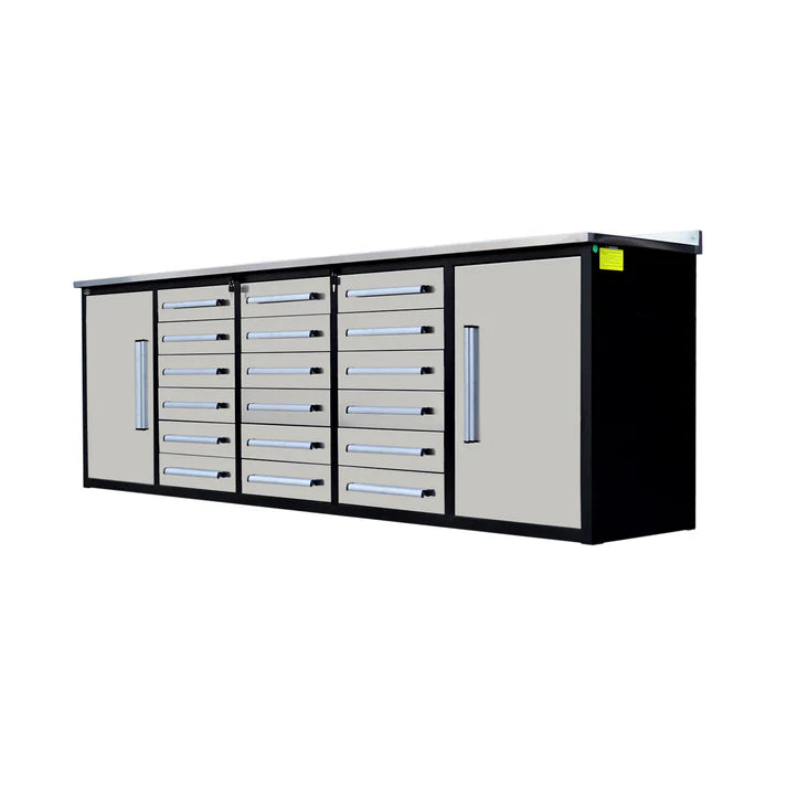 Angled front view of Chery Industrial 10ft garage workbench with 18 drawers stainless steel top and side cabinets