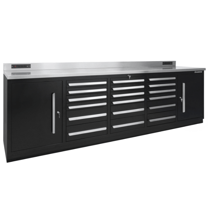 Angled front view of the black Dragonfire DFT-WB-18 9ft workbench with 18-drawer layout and stainless steel top