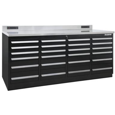Angled front view of the black Dragonfire Pro Series 7FT workbench with high-capacity multi-drawer layout and stainless top (DFT-WB-24)