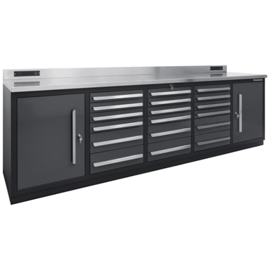 Angled front view of the gray Dragonfire DFT-WB-18 9ft workbench featuring 18-drawer layout and stainless steel top