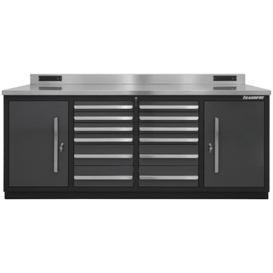 Angled photo showing the Dragonfire DFT-WB-12 7ft workbench with 12 drawers and full-length stainless work surface