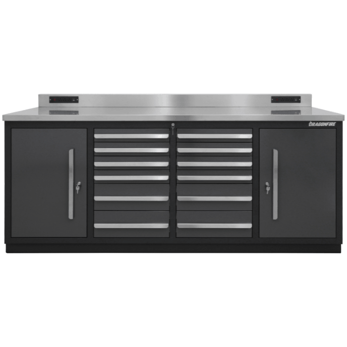 Angled photo showing the Dragonfire DFT-WB-12 7ft workbench with 12 drawers and full-length stainless work surface