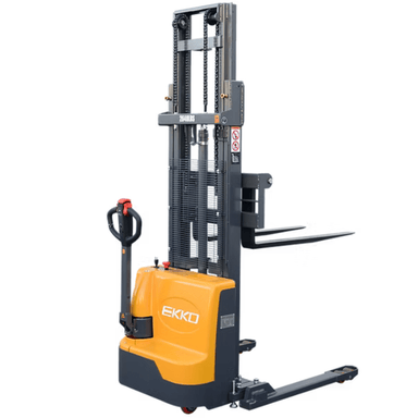Angled shot of the Ekko EB12E-138 Electric Straddle Stacker emphasizing the extended mast assembly and non-marking caster wheels