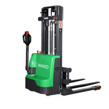 Angled side shot of the Ekko EB12E-98Li electric stacker with 98″ max lift, ergonomic tiller handle, and non-marking casters