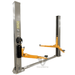 Angled side view of the Triumph NT-11 Vehicle Lift showcasing heavy-duty orange lift arms, dual-post steel columns, and the mounted hydraulic power unit for optimal garage performance.