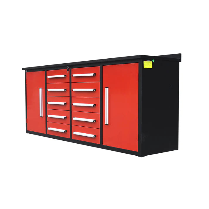 Angled view of 7ft Chery Industrial workbench with drawers and side cabinets