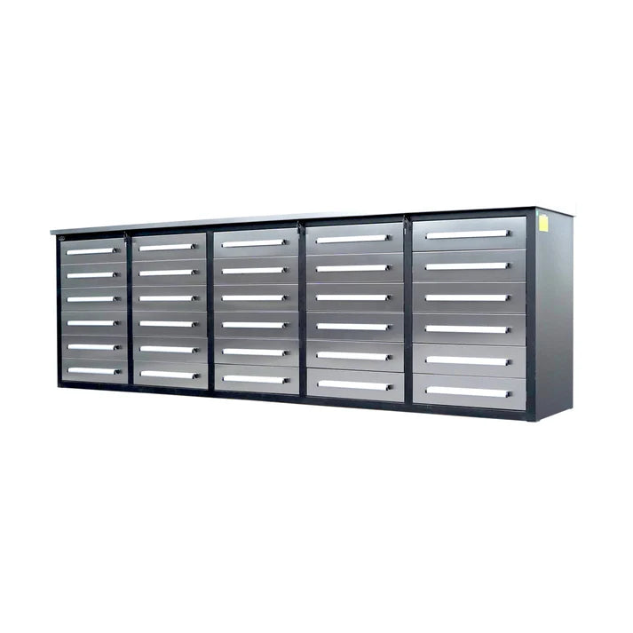 Angled view of Chery Industrial 10 foot tool storage cabinet workbench with 30 drawers and heavy duty steel build