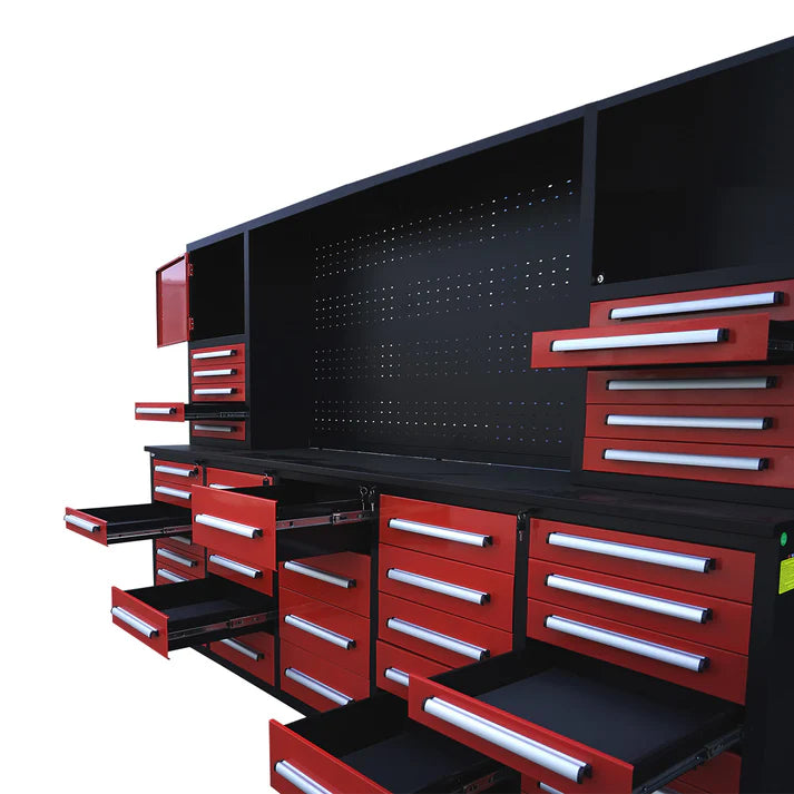 Angled view of Chery Industrial 10ft workbench cabinet showing multiple drawers open