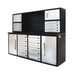 Angled view of Chery Industrial 7 ft workbench with 18 drawers, four cabinets, and center pegboard tool organizer