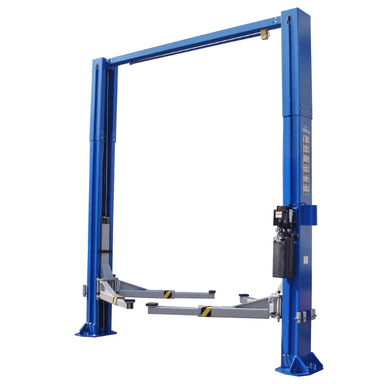 Angled view of Tuxedo TP12KC-D 12,000 lb 2 post lift with overhead shutoff bar