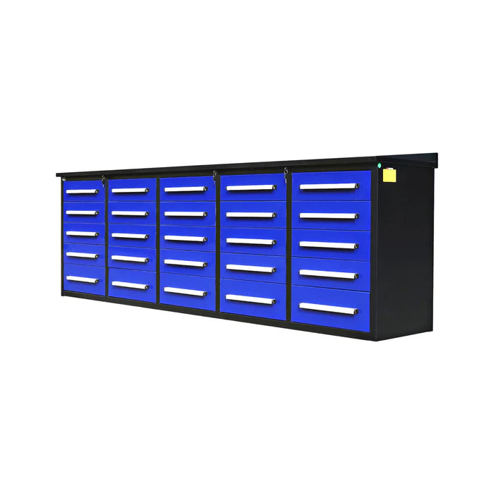 Angled view of a 10 ft 25-drawer garage workbench by Chery Industrial with steel frame and aluminum handles