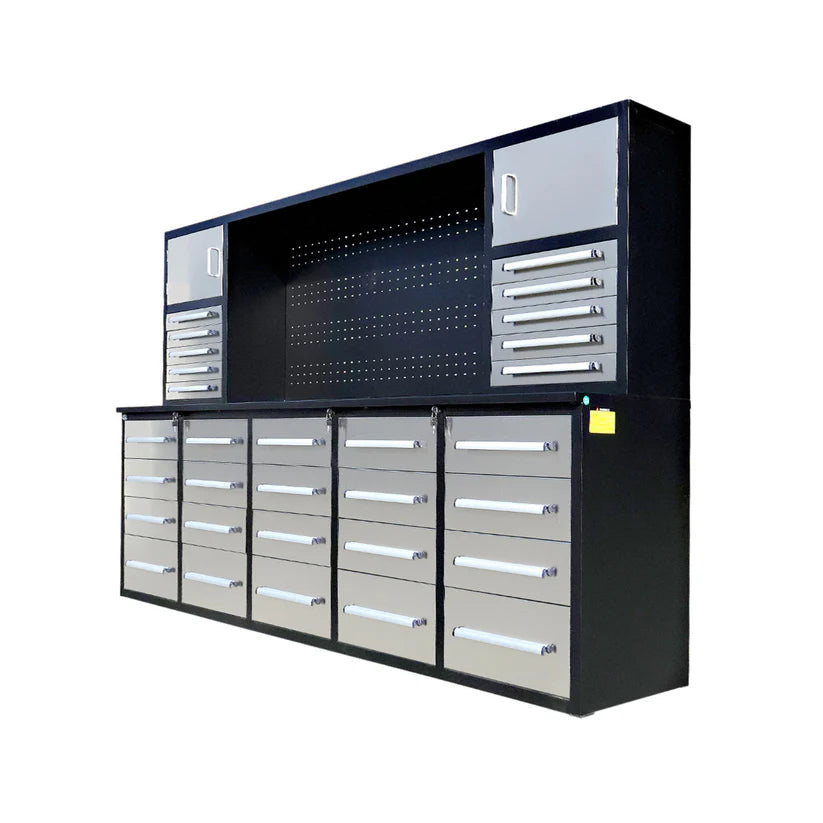 Angled view of the 9.5ft Chery Industrial tool storage workbench with upper cabinets and pegboard