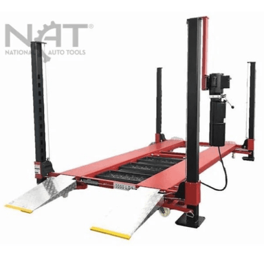 Angled view of the Triumph NOS9000 Vehicle Lift featuring red runways, black columns, and a hydraulic power unit for secure four-post parking.