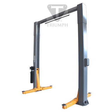 Angled view of the Triumph NTO-15 15,000 lb Two-Post Overhead Car Lift, featuring extra-wide support columns, heavy-duty orange lift arms, and an overhead bar for high-clearance lifting.
