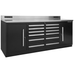 Angled view of the black DFT-WB-12 Dragonfire 7FT workbench featuring stainless steel top and full-width drawer bank