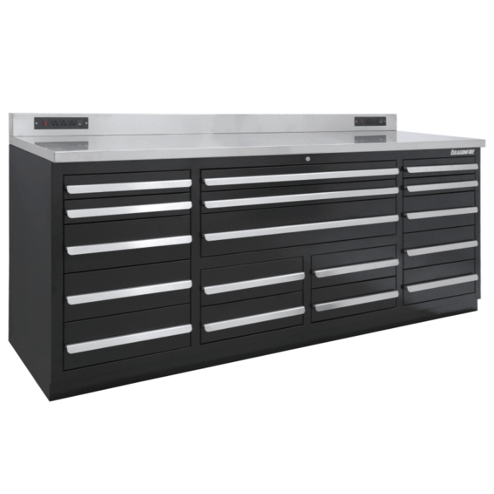 Angled view of the black Dragonfire Pro Series 7FT workbench with wide top drawers and stainless steel work surface (DFT-WB-17)