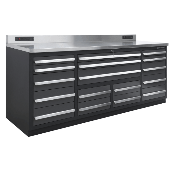 Angled view of the gray Dragonfire Pro Series 7ft 17 drawer workbench with stainless top, model DFT-WB-17