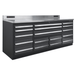 Angled view of the gray Dragonfire Pro Series 7ft 17 drawer workbench with stainless top, model DFT-WB-17