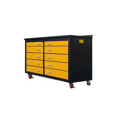 Angled view of yellow 6ft mobile workbench with 10 drawers and casters from Chery Industrial