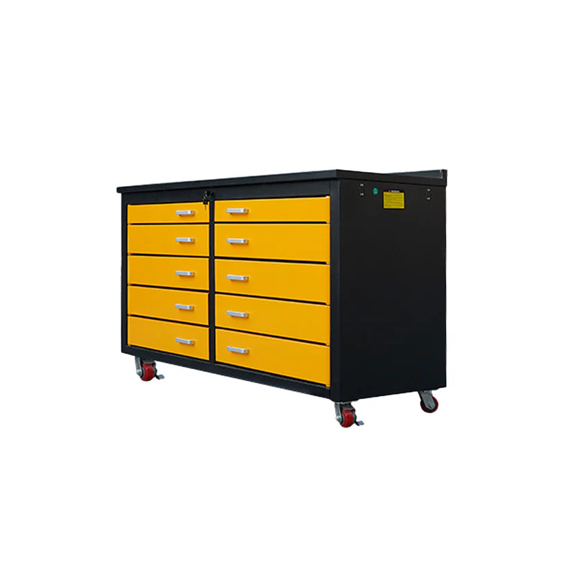 Angled view of yellow 6ft mobile workbench with 10 drawers and casters from Chery Industrial