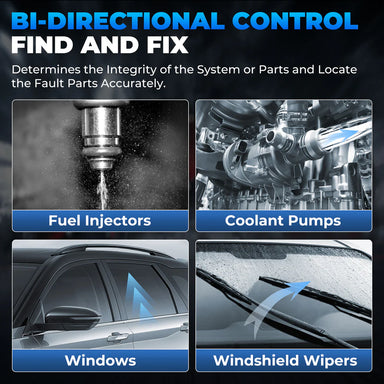 ArtiDiag Pro bi-directional control testing fuel injectors, coolant pumps, windows, and windshield wipers