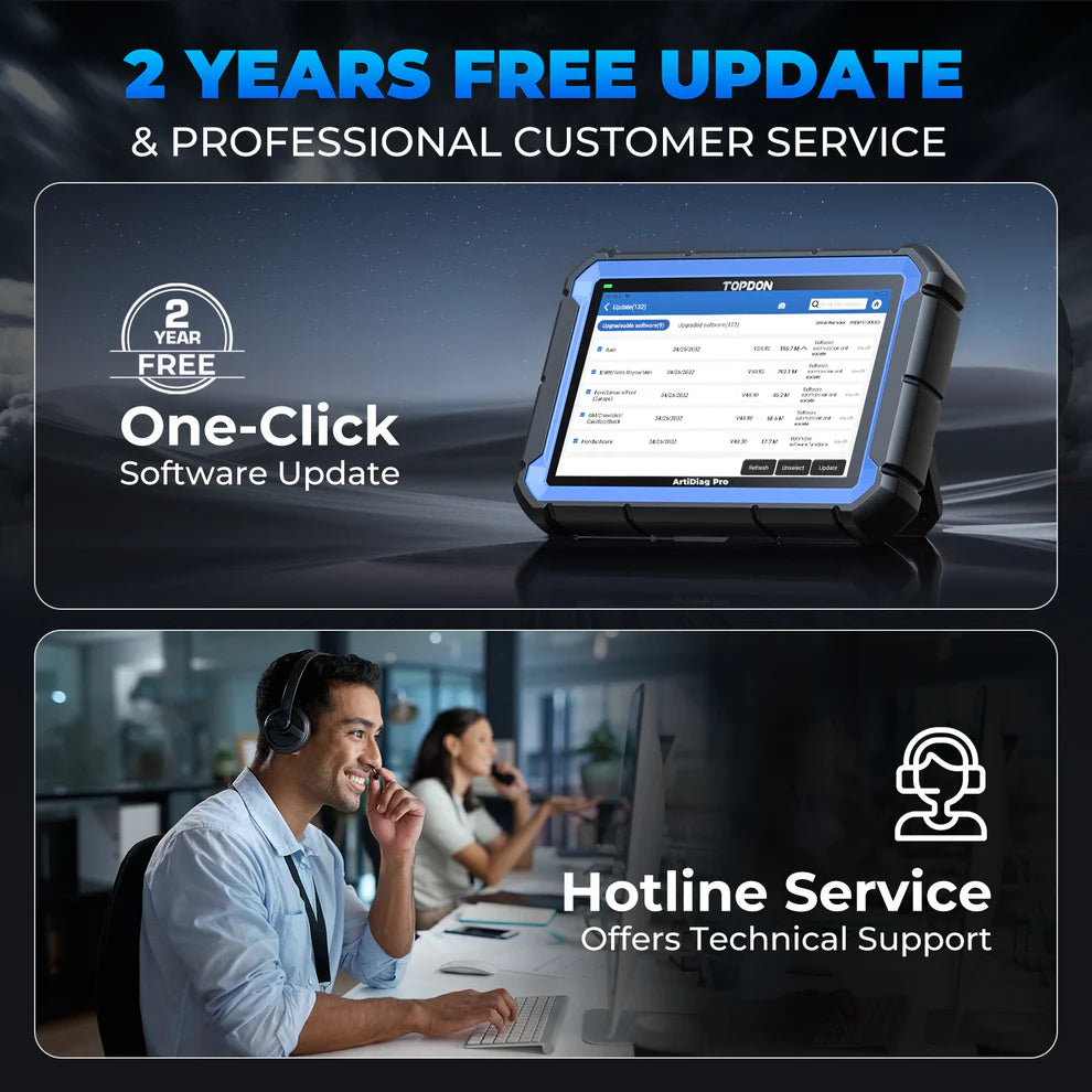 ArtiDiag Pro diagnostic tablet showing one-click software updates and professional technical support