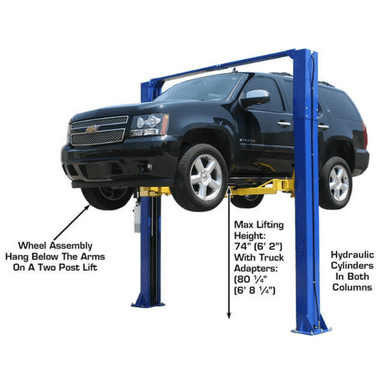 Atlas 9KOHX 9000lb Overhead Two-Post Lift elevating an SUV with labeled max height and visible hydraulic columns