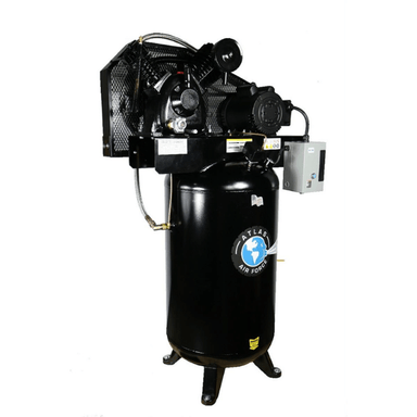 Atlas AF8P 5HP 80-Gallon Air Compressor with Plus Package – Side View Highlighting Motor, Pump, and Magnetic Starter.