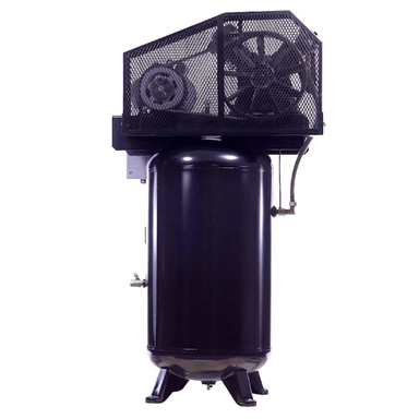 Atlas AF8 80-Gallon Air Compressor – 5HP Vertical Unit with Mesh Belt Guard and Side-Mounted Valves.