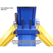 Atlas BP8000 BasePlate Two-Post Car Lift safety arm locks engaged at lift carriage with yellow arms and truck adapters