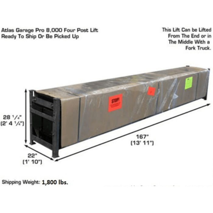 Atlas Garage PRO8000 arrives securely packaged for freight delivery or local pickup—liftable via forklift from either end or the center. Total shipping weight - 1,800 lbs.