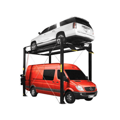Atlas PRO7000ST shown in use for vertical stacking—lifting a full-size SUV above a tall cargo van to demonstrate its extended clearance and high-rise capability for space-saving storage or service.