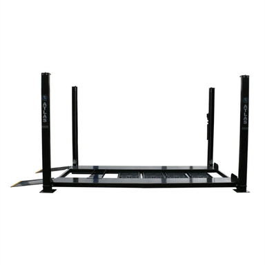 Atlas PRO8000EXT shown fully lowered, offering a clear view of the four-column structure, extended-height design, and dual runways ready for loading vehicles up to 8,000 lbs.