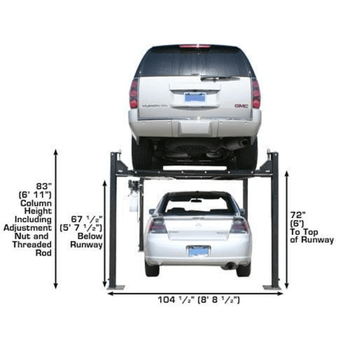 Atlas PRO8000 shown in stacked configuration, illustrating its compact column height and 72-inch top runway clearance for maximizing vertical space in low-ceiling garages.