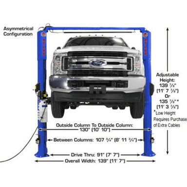 Atlas PVL10 10000lb ALI Certified Overhead Two Post Lift front view with labeled column spacing overall width and drive through clearance