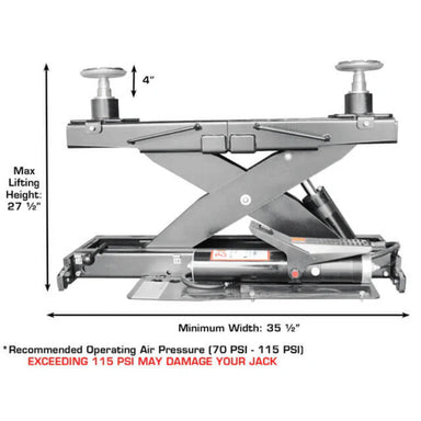 Atlas Platinum RJ7000 rolling jack side view with 27.5-inch lifting height and 35.5-inch minimum width.